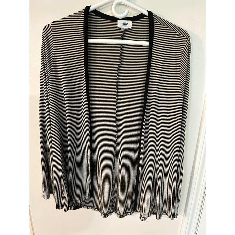 Old Navy Womens Black White Striped Open Front Rayon Cardigan Sweater Large